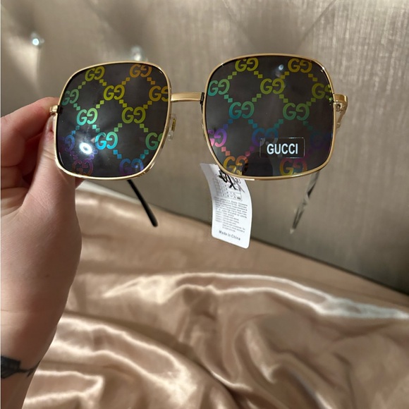 GG Gold Frame Sunglasses with Multicolor Lenses - Picture 3 of 7